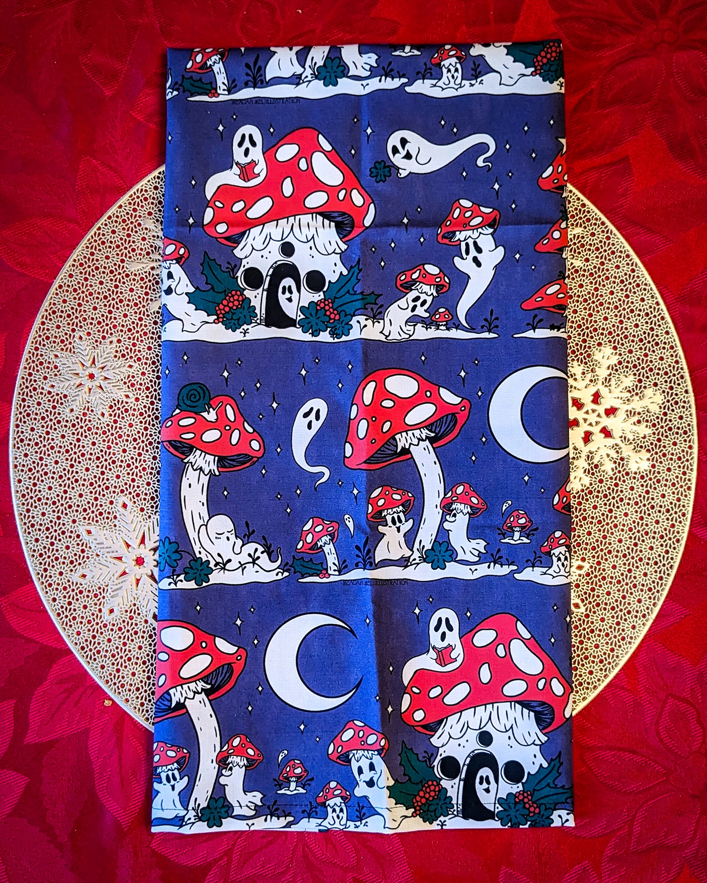 Mushroom Ghosts in the Snow Tea Towel