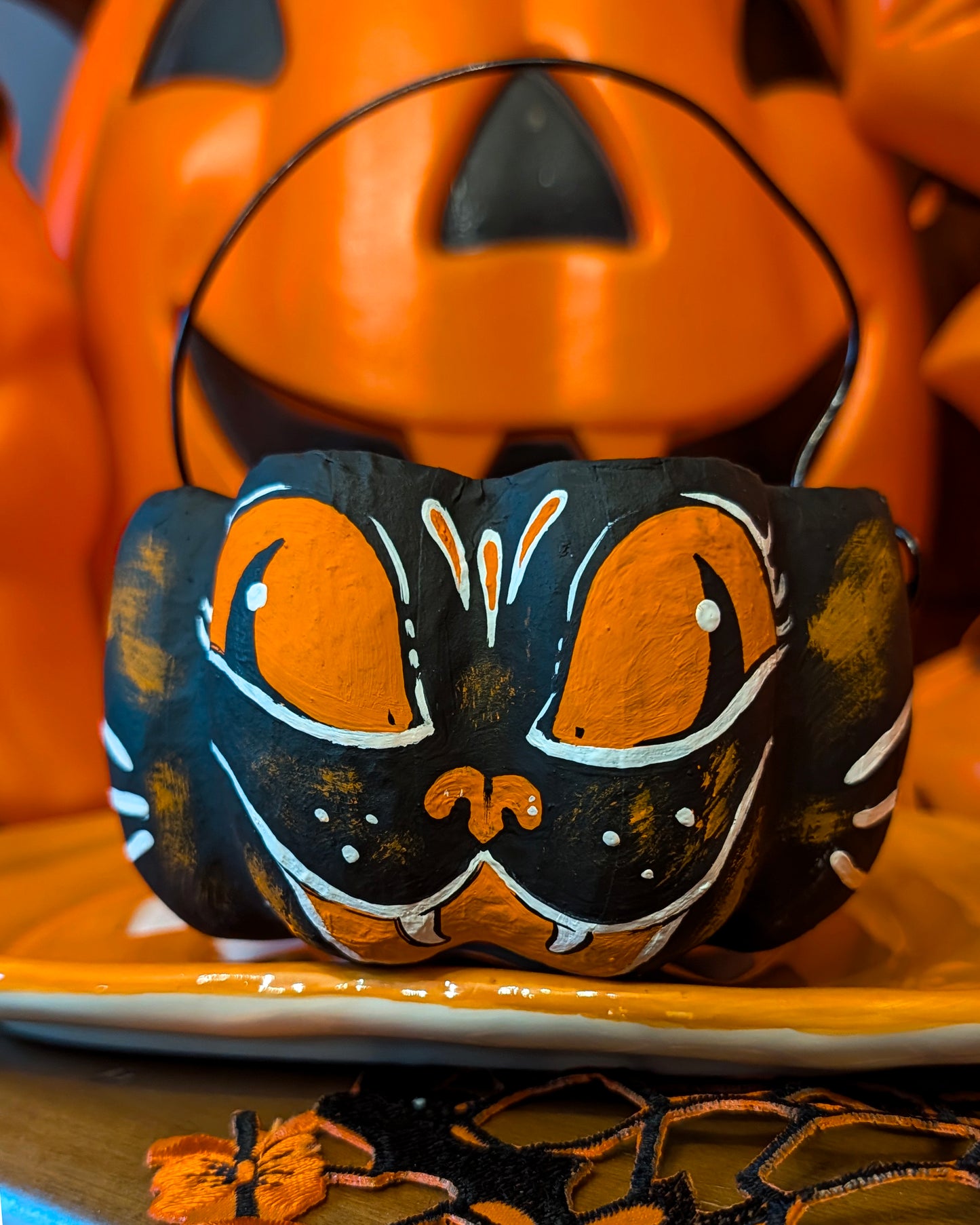 Screaming Cat Paper Mache Treat Bucket