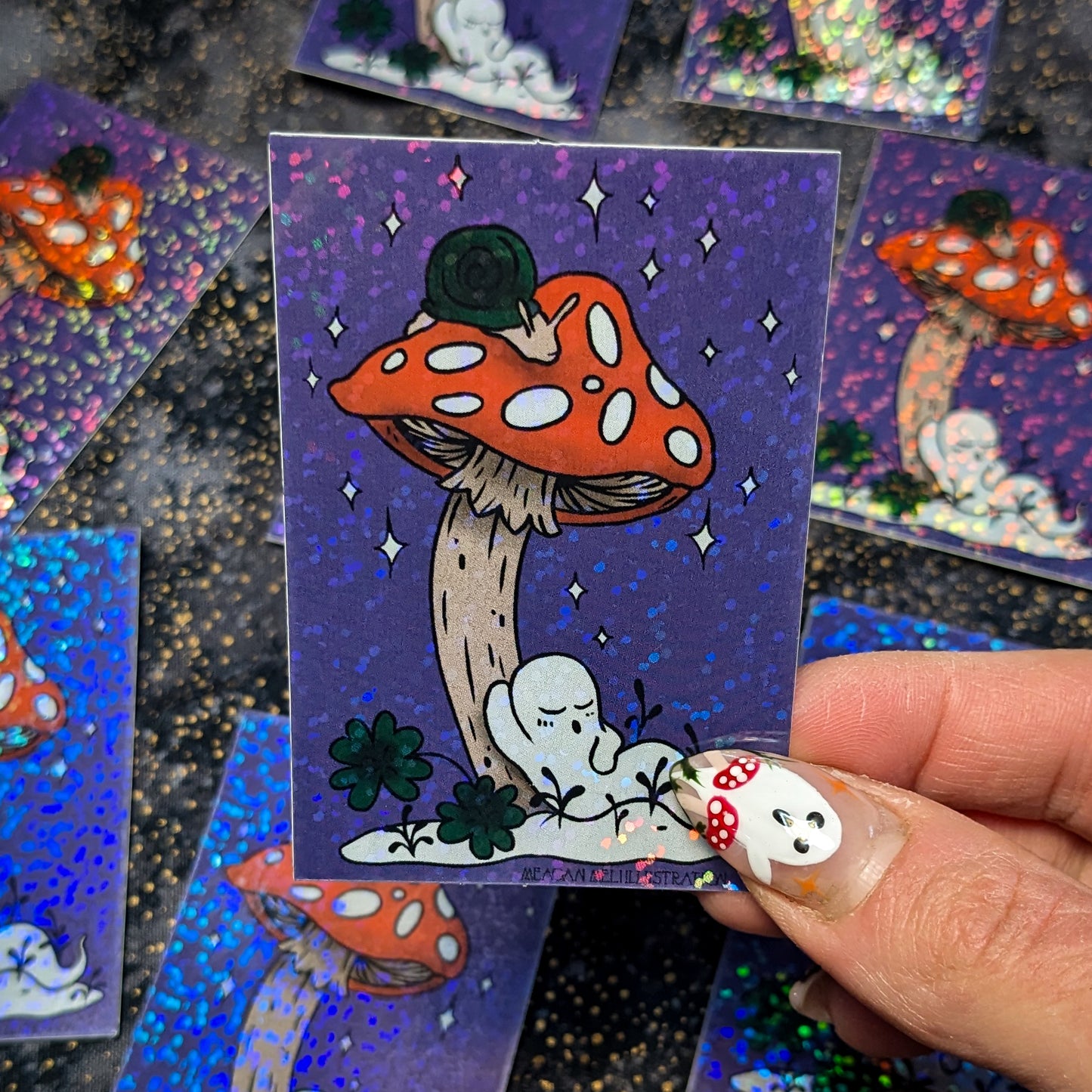 Sleepy Mushroom Ghost Glitter Sticker