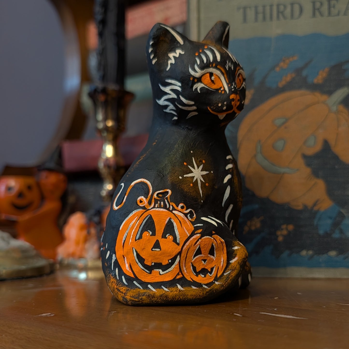 Pumpkin Patch Keeper Paper Mache Cat