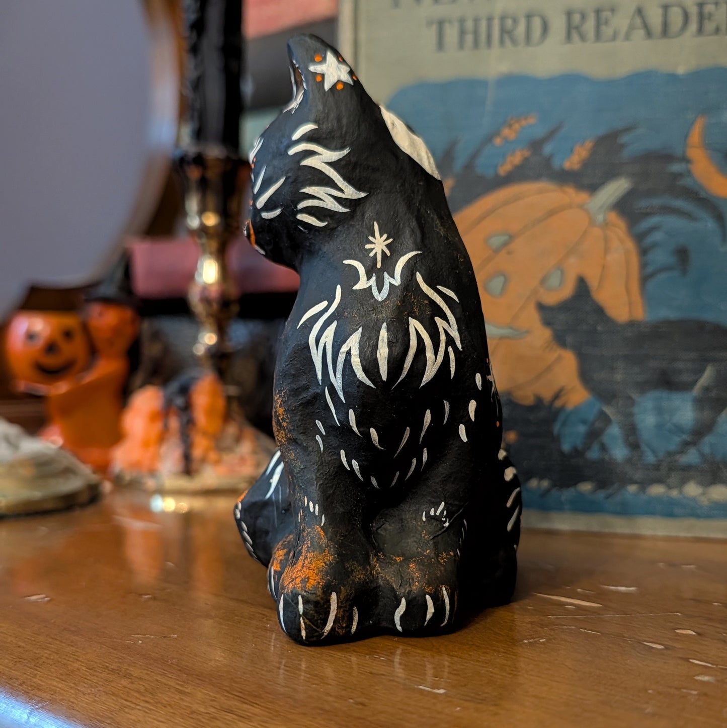 Pumpkin Patch Keeper Paper Mache Cat
